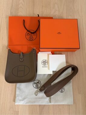 Hermes Evelyne Mini TPM Bag in Etoupe and Palladium Hardware